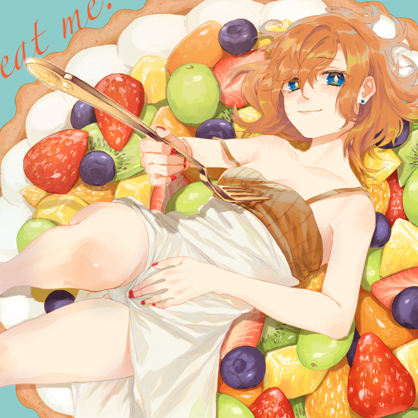 1girl artist_request blue_eyes food fork fruit fruit_bowl highres kiwi_slice looking_at_viewer lying nail_polish orange_hair original red_nails simple_background smile strawberry