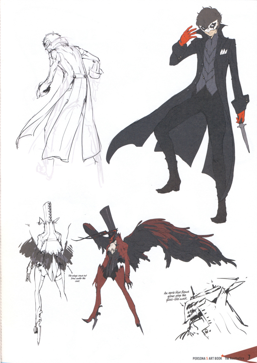 1boy absurdres arsene_(persona_5) black_hair boots character_sheet coattails cravat cuff_links gloves hat high_heels highres knife kurusu_akira mask messy_hair official_art persona persona_5 pocket_square popped_collar scan soejima_shigenori stiletto_heels top_hat weapon wings