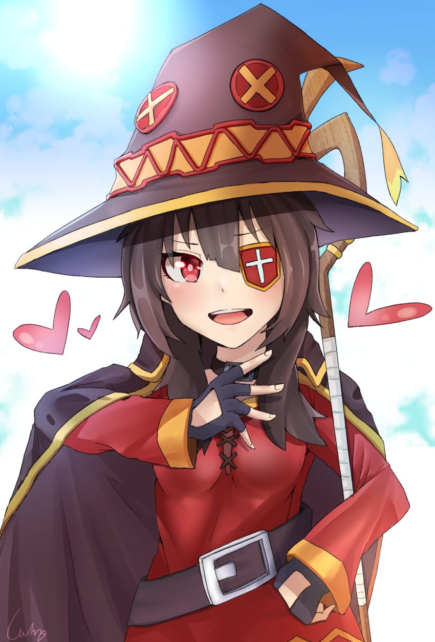 1girl :d belt black_cape black_gloves black_hair cape dress eyebrows_visible_through_hair eyepatch fingerless_gloves gloves hair_between_eyes hand_on_hip hat heart highres kono_subarashii_sekai_ni_shukufuku_wo! long_hair megumin open_mouth red_dress red_eyes signature smile solo staff standing upper_body witch_hat