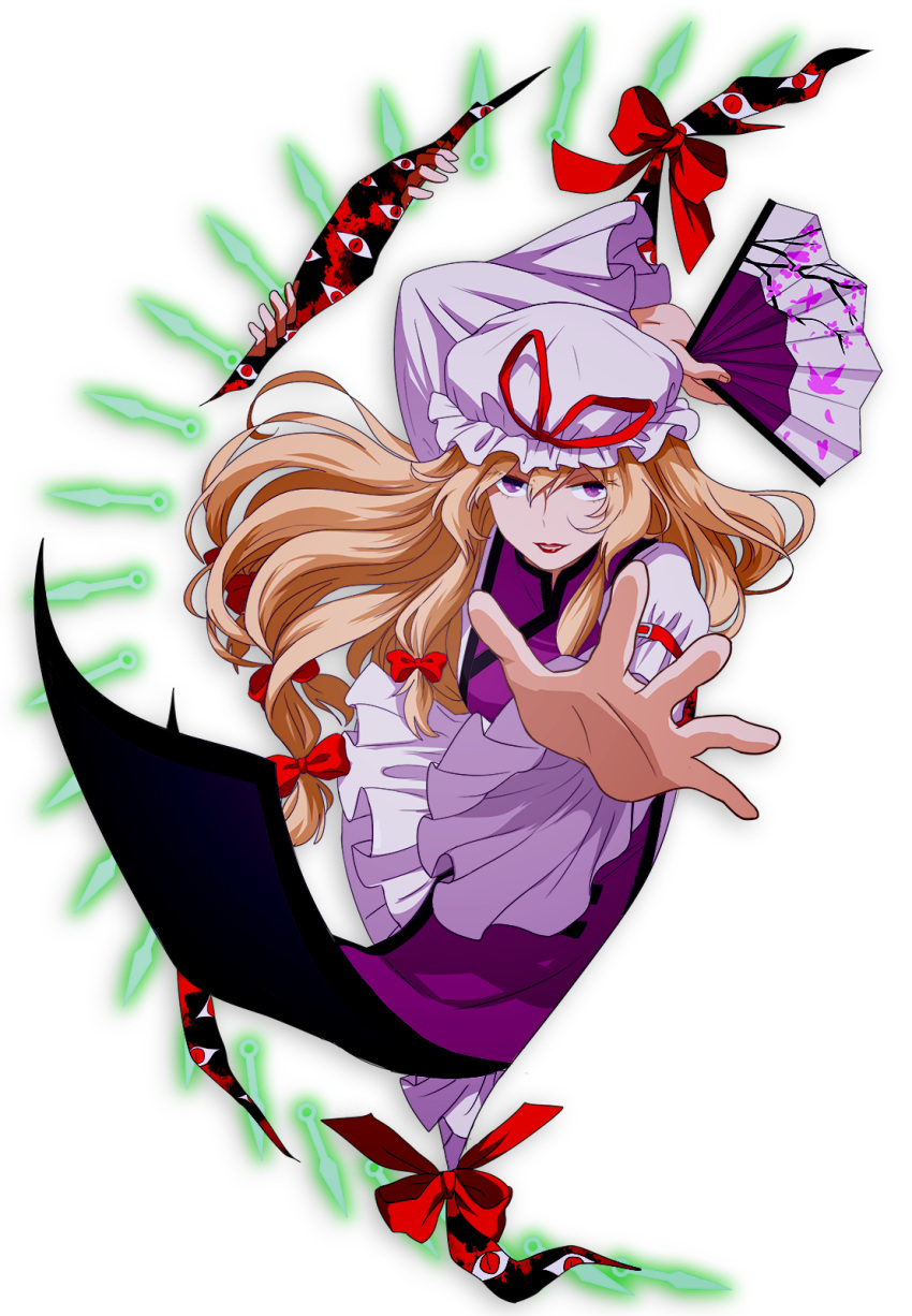 1girl blonde_hair bow fan folding_fan gap hair_bow hat hat_ribbon highres holding kuroha_ai lipstick long_hair looking_at_viewer makeup mob_cap outstretched_arm red_bow red_lips red_lipstick red_ribbon ribbon solo tabard touhou white_background white_hat yakumo_yukari
