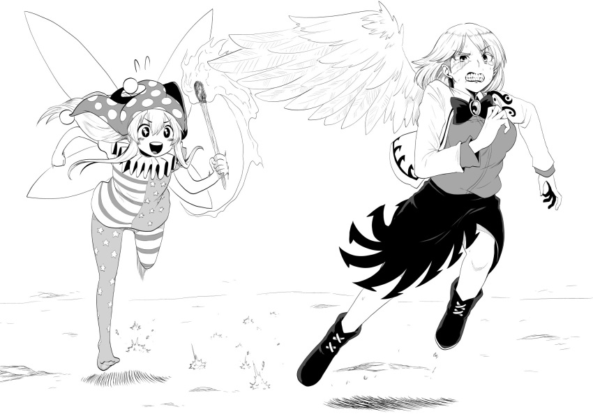 2girls clownpiece greyscale hat headwear highres himajin_no_izu kishin_sagume monochrome multiple_girls running skirt tears thigh-highs torch touhou white_background wings