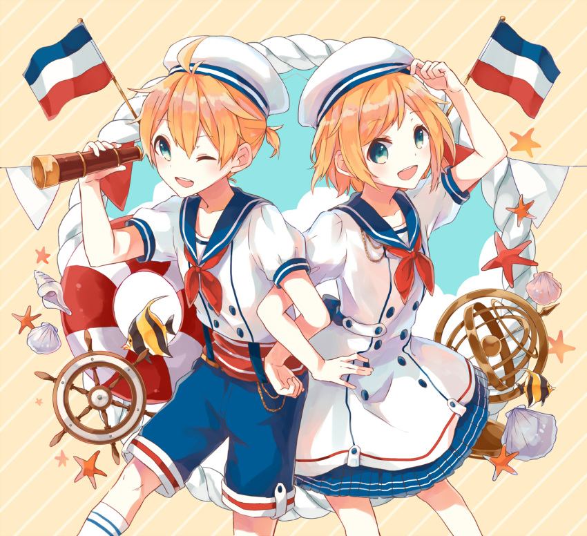 1boy 1girl :d ;d aqua_eyes arm_locked arm_up blonde_hair blue_shorts brother_and_sister dress eyebrows_visible_through_hair flag hair_between_eyes hat highres holding kagamine_len kagamine_rin neckerchief one_eye_closed open_mouth red_neckerchief sailor_dress sentaro207 shirt short_hair short_sleeves shorts siblings smile standing striped striped_background vocaloid white_hat white_legwear white_shirt