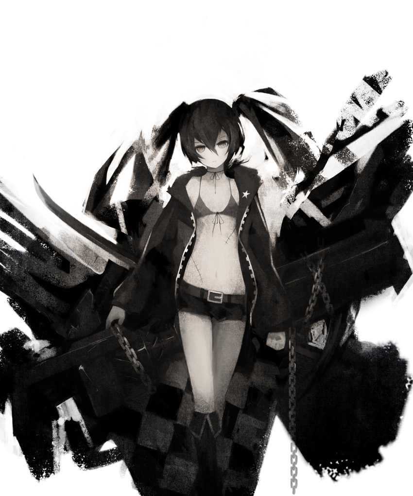 1girl belt black_bikini_top black_boots black_hair black_rock_shooter black_rock_shooter_(character) black_shorts boots chains flat_chest front-tie_bikini front-tie_top grey_eyes greyscale gyup91 hair_between_eyes head_tilt highres knee_boots long_hair looking_at_viewer midriff monochrome navel scar short_shorts shorts simple_background solo standing stomach twintails white_background