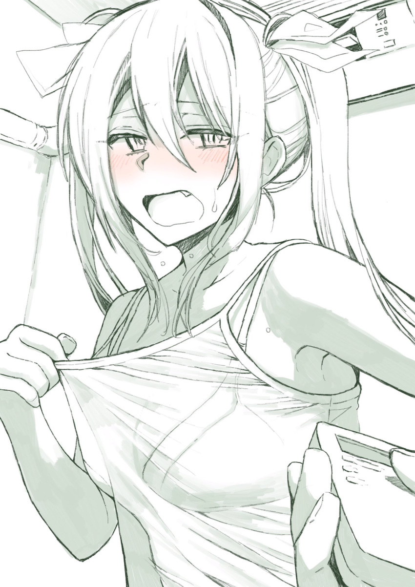 1girl air_conditioner alternate_costume bare_shoulders bra breasts camisole cleavage collarbone commentary controller eyebrows_visible_through_hair fang hair_between_eyes hair_over_shoulder hair_ribbon half-closed_eyes highres kantai_collection long_hair multiple_monochrome open_mouth remote_control ribbon solo sweatdrop tone_(kantai_collection) tube twintails underwear upper_body wavy_mouth yami_(m31)