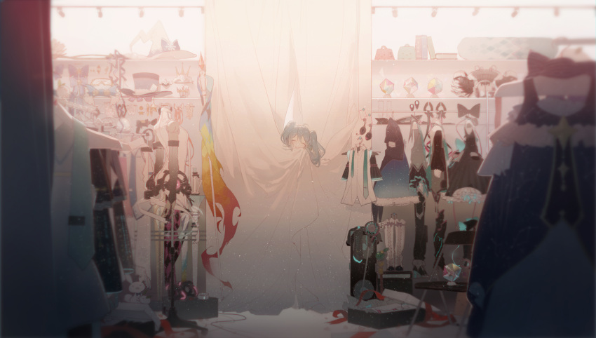 1girl ^_^ ahoge blue_hair blurry blush boots bunny closed_eyes curtains depth_of_field dressing_room evening facing_viewer flowers hat hatsune_miku headphones highres indoors mannequin open_mouth rella shop smile snow_bunny solo twintails vocaloid witch_hat yuki_miku yukine_(vocaloid)