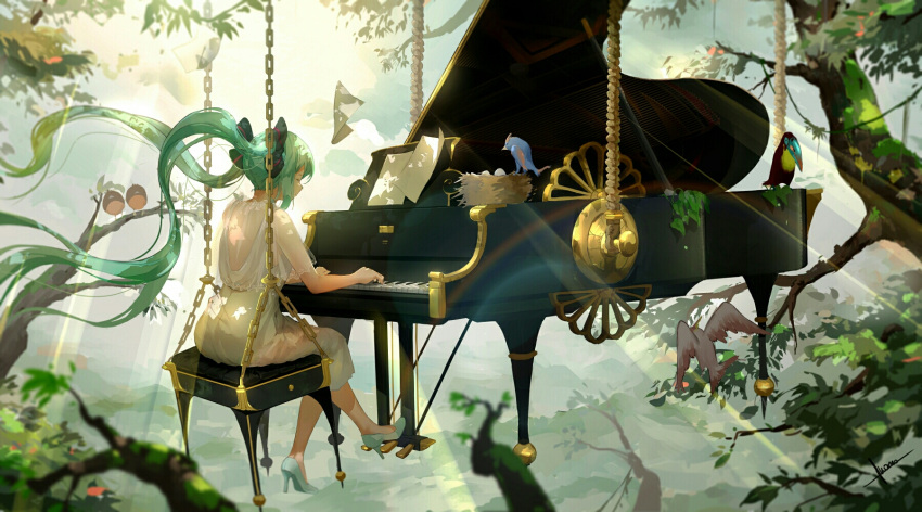 1girl bird bird_nest chains closed_eyes dress egg floating_hair grand_piano green_hair hatsune_miku high_heels highres instrument long_hair luomo music outdoors piano playing_instrument playing_piano sitting solo tree twintails very_long_hair vocaloid white_dress