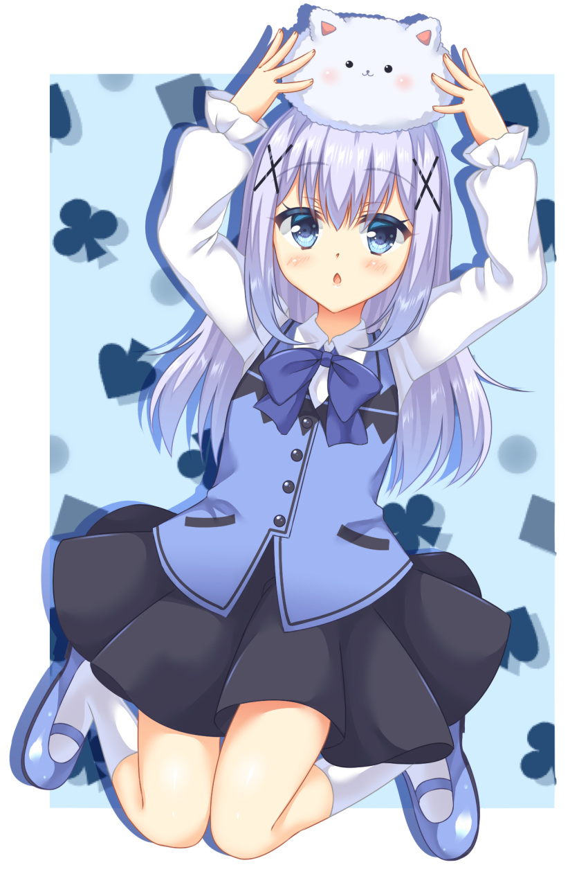 1girl :o angora_rabbit animal animal_on_head arms_up bangs black_skirt blue_background blue_bow blue_bowtie blue_eyes blue_shoes blue_vest blush bow bowtie breasts bunny_on_head buttons chestnut_mouth club_(shape) collared_shirt commentary_request eyebrows_visible_through_hair full_body fuyukichi_(nikoniko1567) gochuumon_wa_usagi_desu_ka? hair_between_eyes hands_up highres jumping kafuu_chino kneehighs knees_together_feet_apart light_blue_hair loafers long_hair long_sleeves looking_at_viewer on_head open_mouth rabbit rabbit_house_uniform shadow shirt shoes sidelocks skirt small_breasts spade_(shape) tippy_(gochiusa) vest white_border white_legwear white_shirt wing_collar