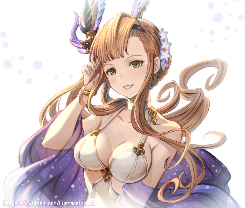 1girl asymmetrical_bangs bangs braid breasts brown_hair collarbone commentary_request eustace-flamek flower granblue_fantasy green_eyes hair_flower hair_ornament head_tilt highres large_breasts parted_lips smile solo song_(granblue_fantasy) twitter_username upper_body white_background white_bikini_top