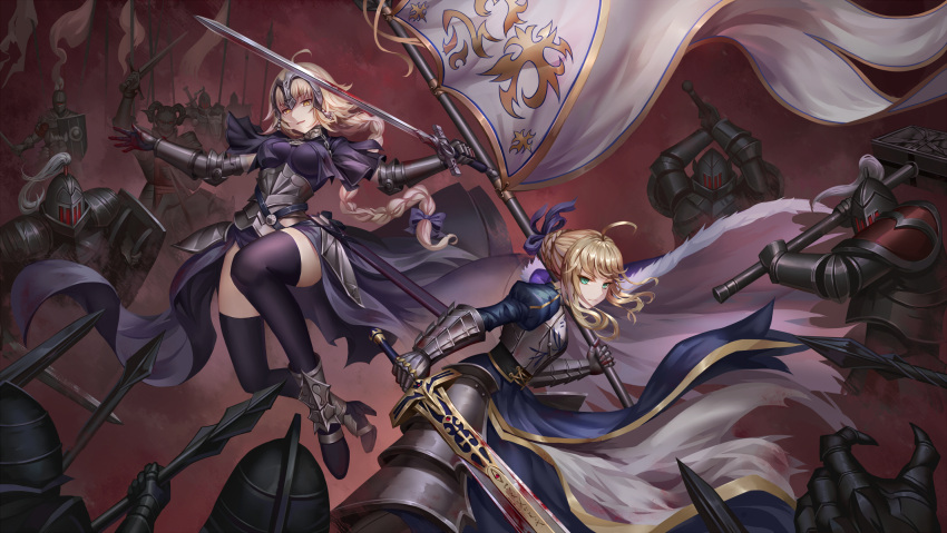 2girls aaeru ahoge armor armored_dress artoria_pendragon_(all) black_gloves blonde_hair blood braid capelet chains excalibur fate/apocrypha fate/grand_order fate/stay_night fate_(series) faulds flag gauntlets gloves green_eyes headpiece highres looking_at_viewer multiple_girls ruler_(fate/apocrypha) saber single_braid sword weapon yellow_eyes