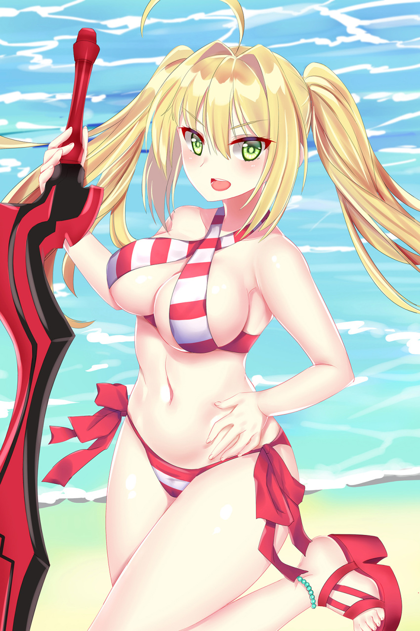 1girl ahoge anklet blonde_hair blush breasts cang_se_ye_hua cleavage collarbone eyebrows_visible_through_hair fate/grand_order fate_(series) green_eyes hand_on_hip high_heels highres holding holding_sword holding_weapon jewelry large_breasts long_hair looking_at_viewer nero_claudius_(swimsuit_caster)_(fate) open_mouth saber_extra smile solo swimsuit sword twintails weapon