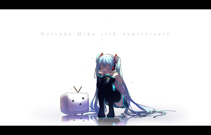 1girl absurdres anniversary aqua_hair boots character_name closed_eyes detached_sleeves hatsune_miku headphones highres letterboxed long_hair nail_polish niconico open_mouth skirt sogawa66 squatting thigh-highs thigh_boots twintails very_long_hair vocaloid white_background