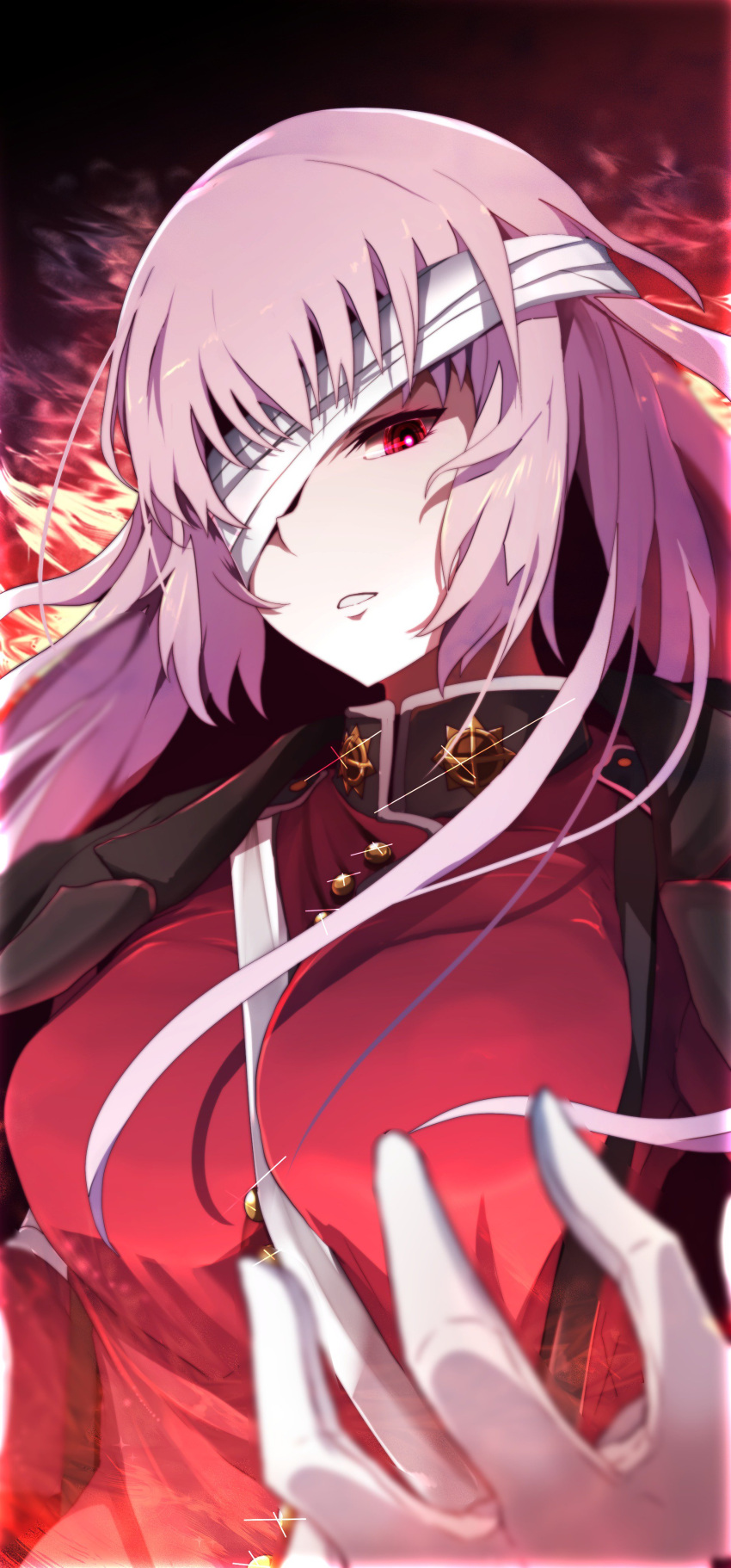 1girl absurdres bandage_over_one_eye breasts fate/grand_order fate_(series) florence_nightingale_(fate/grand_order) gloves highres jacket_on_shoulders large_breasts long_hair looking_at_viewer military military_uniform parted_lips pink_hair red_eyes solo uniform upper_body wadakazu white_gloves