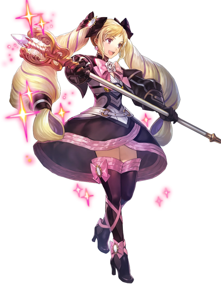 1girl armor blonde_hair dress elise_(fire_emblem_if) fire_emblem fire_emblem_heroes fire_emblem_if full_body gloves hair_ribbon highres long_hair official_art open_mouth ribbon simple_background smile solo staff twintails violet_eyes