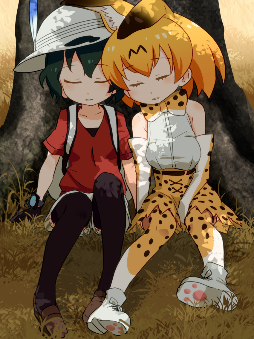 2girls against_tree animal_ears backpack bag bare_shoulders between_legs black_gloves black_legwear blonde_hair boots bow bowtie bucket_hat closed_eyes commentary_request day drooling elbow_gloves gloves grass green_hair hand_between_legs hat hat_feather high-waist_skirt highres kaban_(kemono_friends) kemono_friends multiple_girls outdoors paw_print print_bowtie print_gloves print_legwear print_skirt red_shirt sat-c serval_(kemono_friends) serval_ears serval_print shirt short_hair shorts sitting skirt sleeping sleeveless sleeveless_shirt thigh-highs tree white_shirt