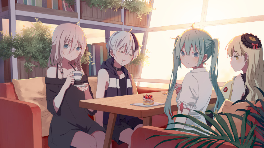 4girls :t ahoge aqua_hair bangs black_dress black_hair blonde_hair blouse blue_eyes bookshelf braid cake choker closed_mouth couch cup dress drooling evening eyebrows_visible_through_hair flower_(vocaloid) food hair_between_eyes hair_ornament hand_up hatsune_miku highres holding holding_cup hood hoodie ia_(vocaloid) indoors looking_at_viewer looking_back mayu_(vocaloid) mimengfeixue multicolored_hair multiple_girls off-shoulder_dress off_shoulder on_couch open_mouth parted_lips plant saliva saucer short_hair short_sleeves shorts sitting sleeveless sleeveless_hoodie streaked_hair table teacup twintails vocaloid wavy_hair white_blouse white_hair window yellow_eyes