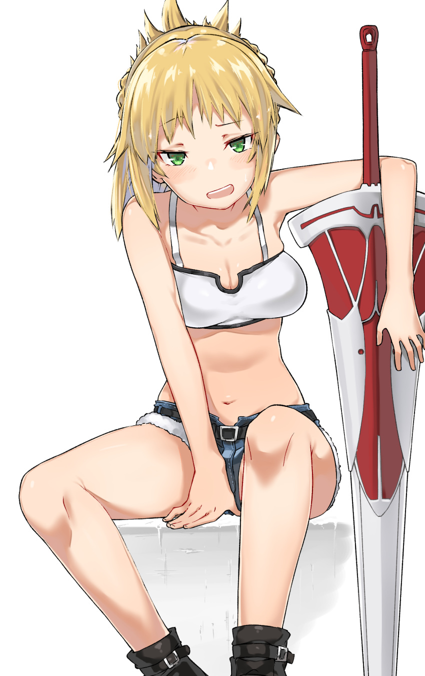 blonde_hair bra_strap braid denim fate/apocrypha fate_(series) green_eyes highres kei_(soundcross) midriff saber_of_red shorts simple_background sitting sword weapon