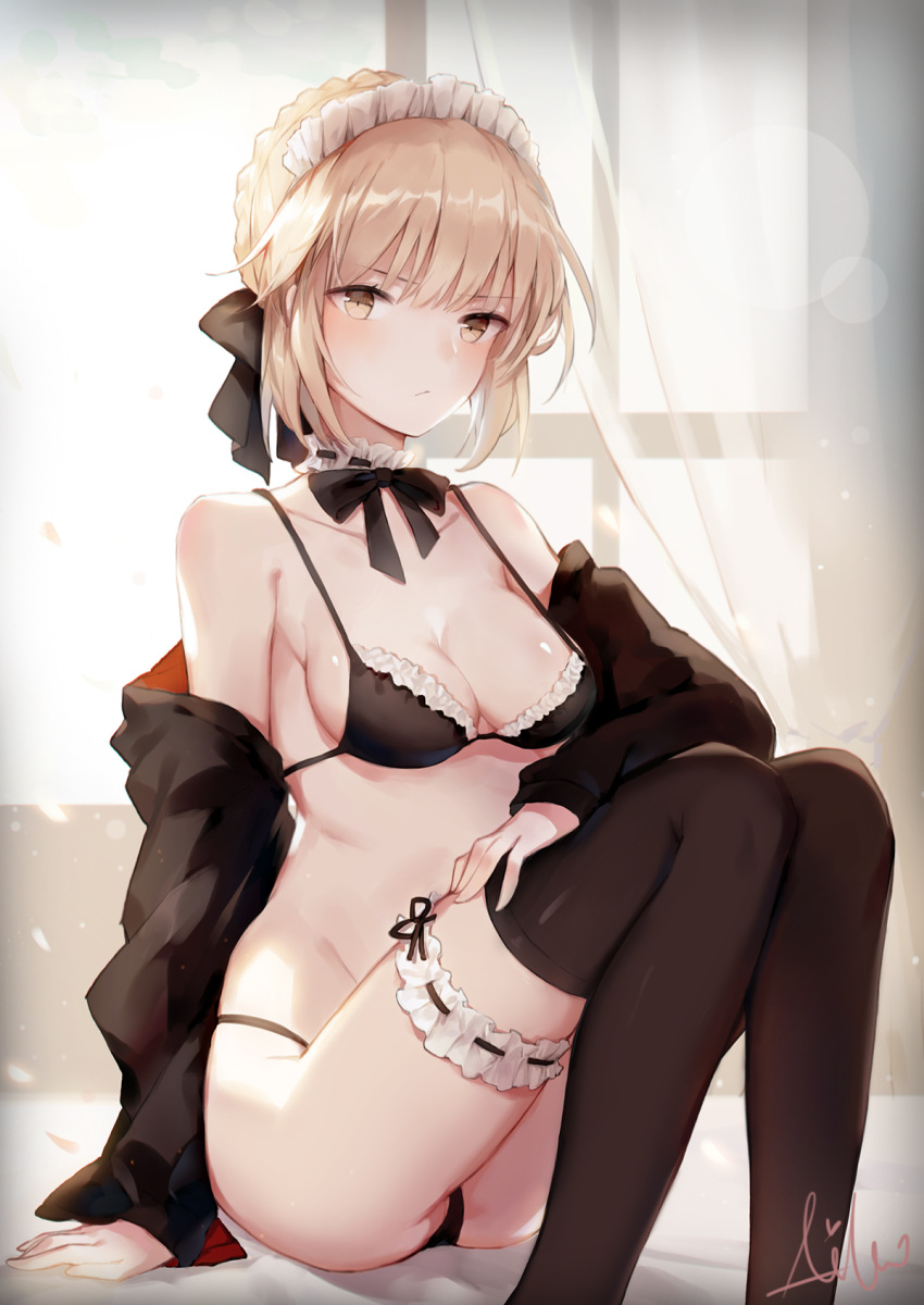 1girl aiko_(kanl) artoria_pendragon_(all) black_bow black_legwear black_panties bow breasts brown_eyes curtains fate_(series) groin hand_on_own_knee highres inside looking_at_viewer maid_bikini maid_headdress medium_breasts on_bed panties saber_alter sitting solo thigh-highs thigh_strap underwear