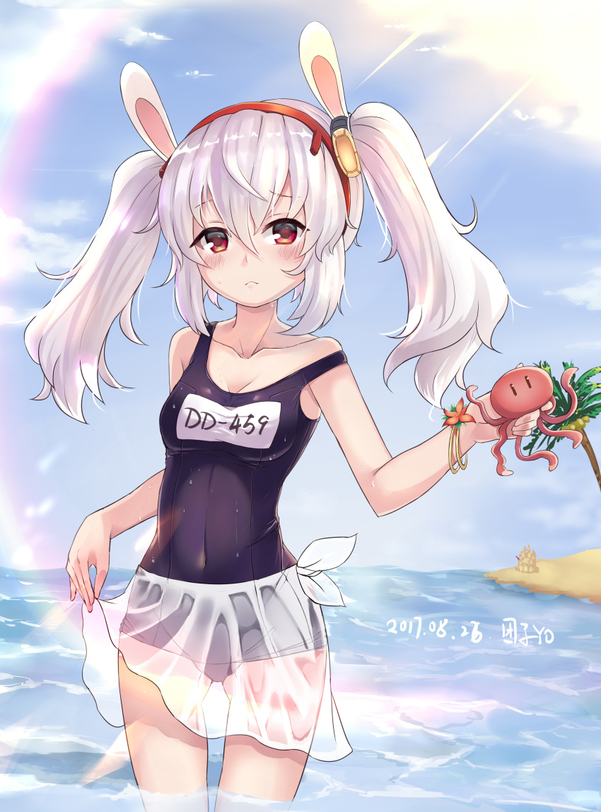 :&lt; absurdres animal_ears beach bilan_hangxian blush breasts fake_animal_ears headband highres laffey_(bilan_hangxian) lavender_hair looking_at_viewer octopus palm_tree red_eyes school_swimsuit sky small_breasts solo swimsuit tree twintails wet wet_clothes wet_swimsuit