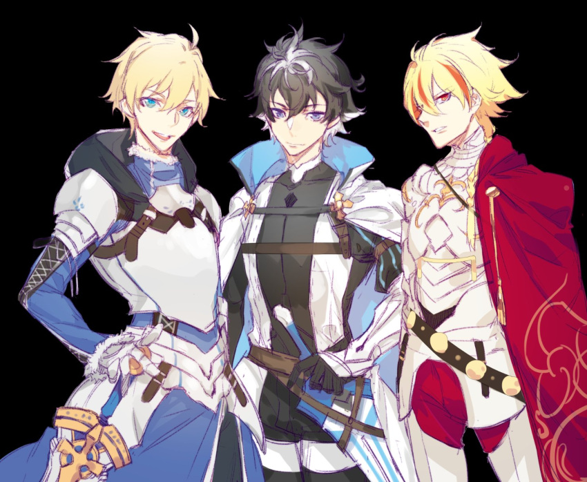 3boys ahoge armor black_background black_hair blonde_hair blue_eyes cape charlemagne_(fate) fate/extella fate/extella_link fate/extra fate/prototype fate/strange_fake fate_(series) gauntlets green_eyes highres hood krab multicolored_hair multiple_boys open_mouth red_cape red_eyes saber_(fate/prototype) saber_(fate/strange_fake) short_hair simple_background smile streaked_hair sword two-tone_hair weapon white_cape