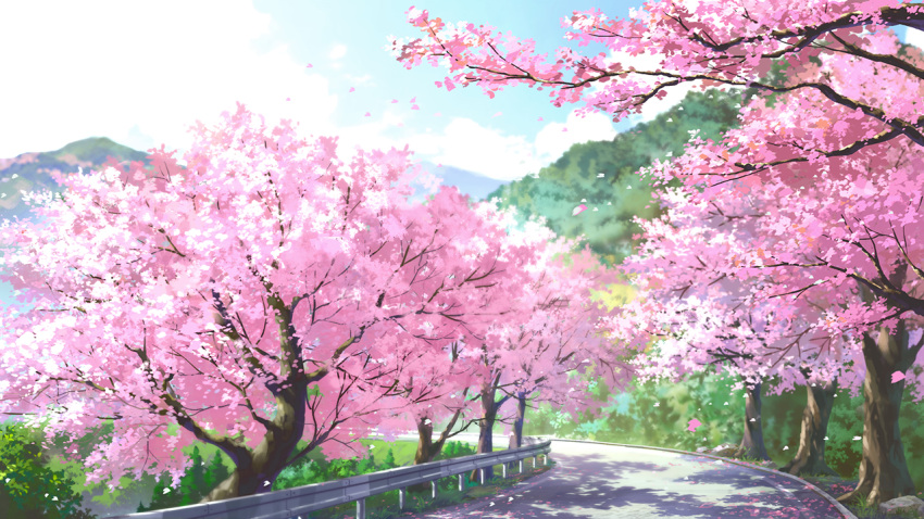 background blue_sky cherry_blossoms clouds commentary dao_dao day evening forest grass hill landscape mountain nature no_humans original outdoors plant road scenery sky stone tree
