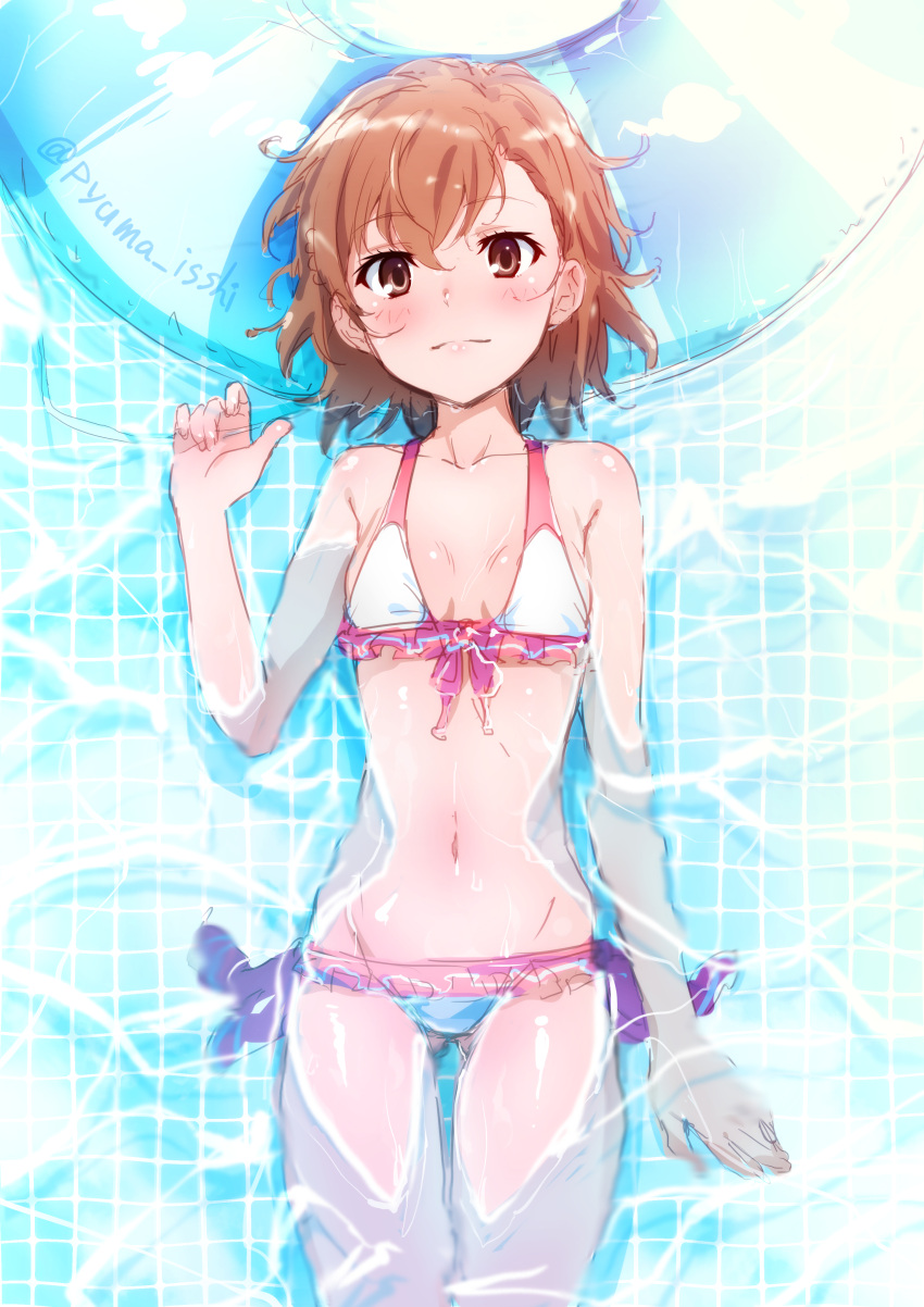 1girl absurdres bikini breasts brown_eyes brown_hair cowboy_shot frilled_bikini frills front-tie_top highres innertube looking_at_viewer lying misaka_mikoto partially_submerged puma_(hyuma1219) short_hair side-tie_bikini small_breasts solo swimsuit to_aru_kagaku_no_railgun to_aru_majutsu_no_index water white_bikini