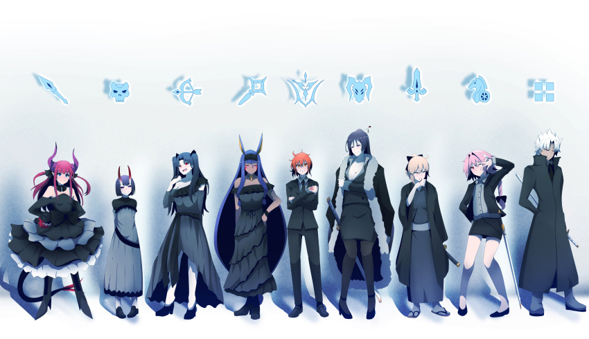 2boys 6+girls absurdres alternate_costume bangs black_dress bow braid breasts cleavage closed_eyes coat command_spell dress facial_mark fate/grand_order fate_(series) formal fujimaru_ritsuka_(female) full_body grin hair_bow hairband hand_on_hip haori highres holding holding_sword holding_weapon horns ishtar_(fate/grand_order) jack-o'-lantern japanese_clothes katana kotomine_shirou lancer_(fate/extra_ccc) long_hair long_sleeves looking_at_viewer minamoto_no_raikou_(fate/grand_order) multiple_boys multiple_girls nitocris_(fate/grand_order) oni_horns pant_suit rider_of_black sakura_saber short_hair shuten_douji_(fate/grand_order) sidelocks single_braid skirt_suit smile standing suit sword tail tohsaka_rin trap two_side_up v_over_eye wadakazu weapon