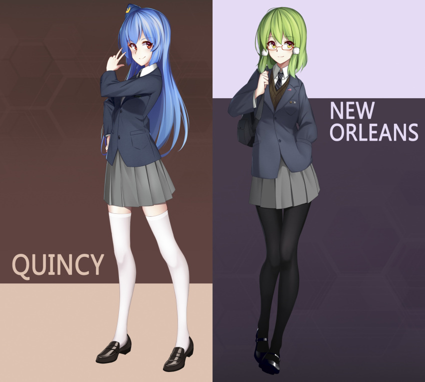 2girls arnold-s bag black_legwear black_necktie blue_hair blush character_name closed_mouth duffel_bag eyebrows_visible_through_hair glasses green_hair grey_skirt hand_on_hip highres long_hair long_sleeves looking_at_viewer multiple_girls necktie new_orleans_(zhan_jian_shao_nyu) pantyhose quincy_(zhan_jian_shao_nyu) red_eyes school_uniform short_hair skirt smile thigh-highs v white_legwear yellow_eyes zhan_jian_shao_nyu