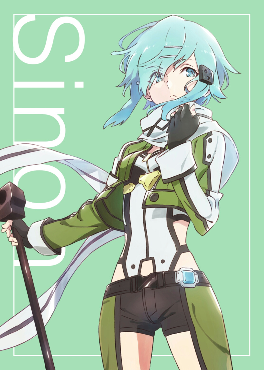 1girl aqua_eyes aqua_hair belt breasts character_name closed_mouth commentary_request cowboy_shot cropped_jacket eyebrows_visible_through_hair eyes_visible_through_hair fingerless_gloves gloves gun hair_ornament hairclip highres jacket long_sleeves looking_afar rifle scarf shinon_(sao) shiny shiny_hair short_hair short_shorts shorts small_breasts sniper_rifle solo standing sword_art_online tama teal_background weapon