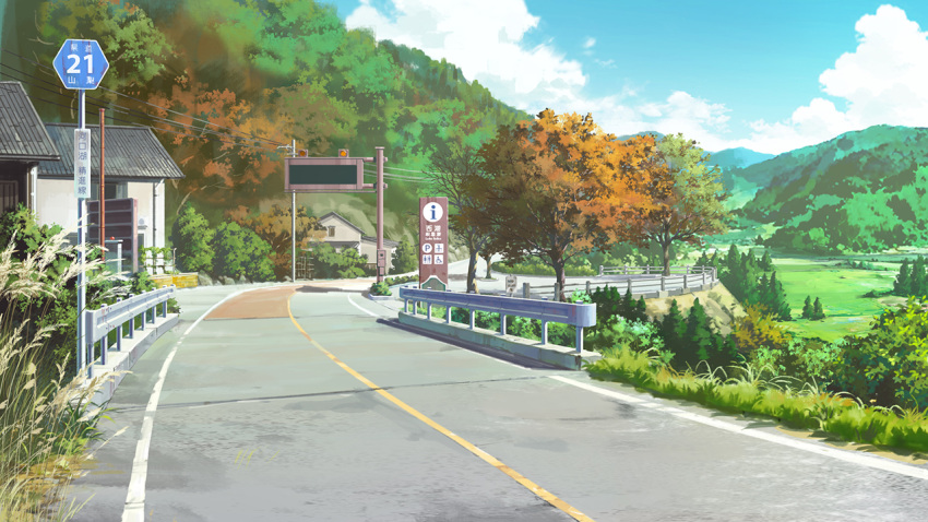 background blue_sky bridge building clouds cloudy_sky commentary dao_dao day evening forest grass hill house landscape mountain nature no_humans original outdoors plant railing road road_sign scenery sign sky tree valley