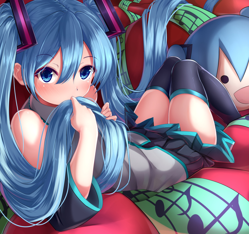 1girl absurdres blue_eyes blue_hair detached_sleeves hatsune_miku highres long_hair musical_note nicoby reclining skirt solo thigh-highs twintails very_long_hair vocaloid