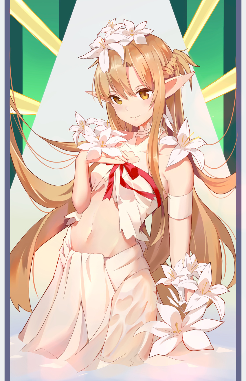 1girl absurdres armband asuna_(sao-alo) bare_shoulders braid breasts brown_eyes brown_hair choker closed_mouth daffodil flower hair_flower hair_ornament half_updo hand_on_own_chest highres long_hair midriff navel one_side_up pointy_ears qingxingdeng_(qaq) ribbon sidelocks small_breasts smile solo sword_art_online very_long_hair wading