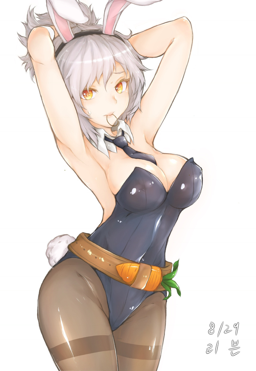 adjusting_hair animal_ears armpits arms_up artist_request bangs bare_arms battle_bunny_riven breasts bunny_tail bunnysuit carrot cleavage covered_navel cowboy_shot groin hairband highres korean league_of_legends leotard looking_at_viewer medium_breasts necktie pantyhose pointy_ears rabbit_ears riven_(league_of_legends) silver_hair simple_background strapless sweatdrop tail tied_hair white_background yellow_eyes