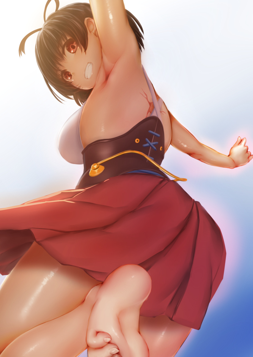 1girl arm_up armpits back barefoot breasts brown_hair commentary from_behind from_below grin gundam00uc hakama_skirt highres koutetsujou_no_kabaneri looking_at_viewer looking_down medium_breasts mumei_(kabaneri) pleated_skirt red_eyes scar short_hair skirt smile soles solo toe_scrunch