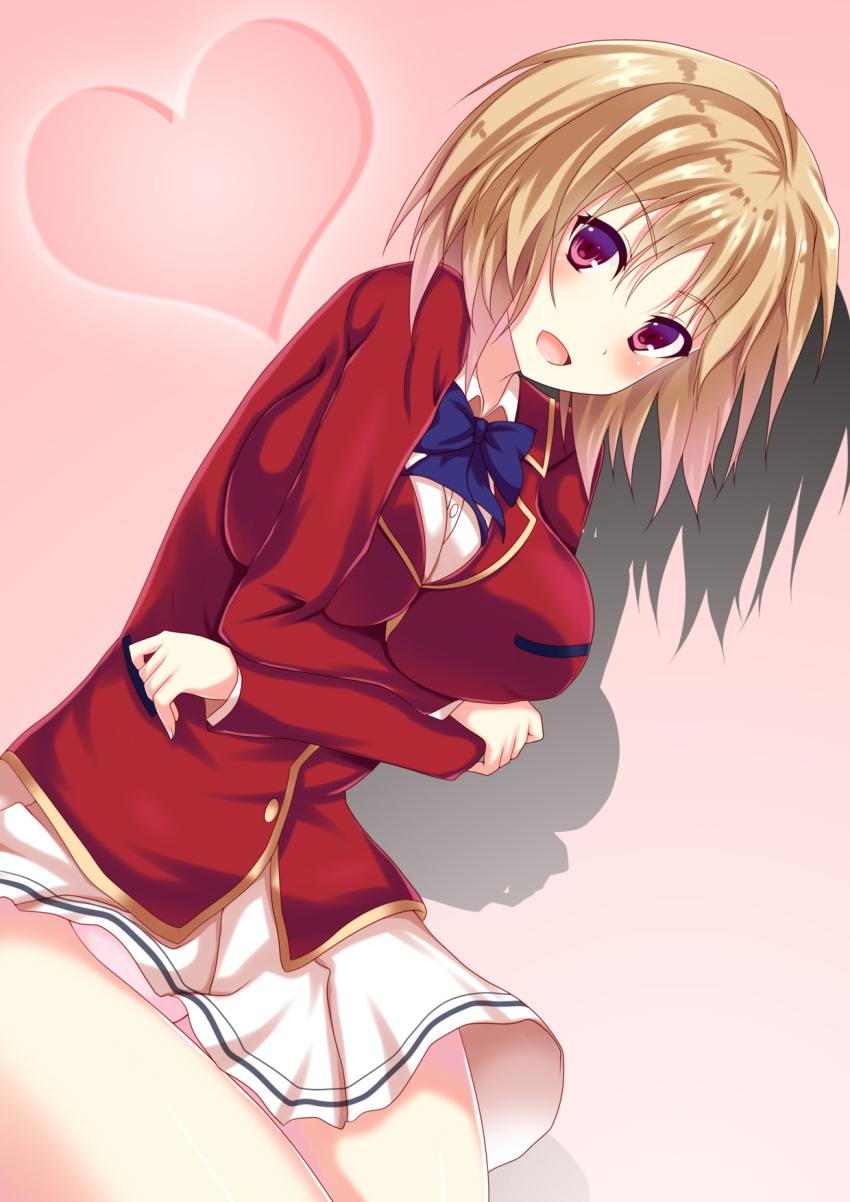 1girl :d ayasato_karen blazer bow breast_hold breasts brown_hair heart highres jacket kushida_kikyou large_breasts leaning_forward looking_at_viewer miniskirt open_mouth panties pantyshot pleated_skirt red_jacket school_uniform short_hair skirt smile underwear violet_eyes white_panties youkoso_jitsuryoku_shijou_shugi_no_kyoushitsu_e