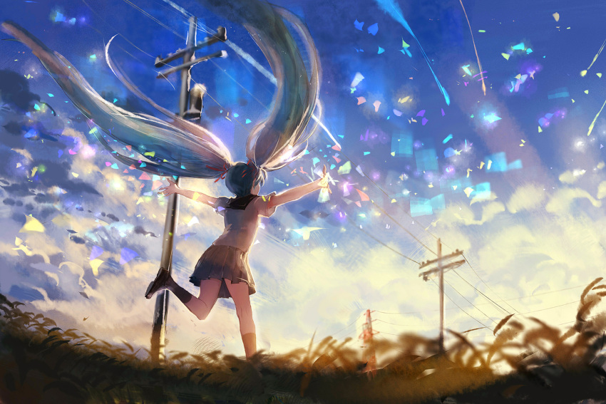 1girl black_legwear black_shoes black_skirt blouse blue_sky clouds cloudy_sky condensation_trail fisheye from_behind grass hatsune_miku highres kneehighs loafers long_hair outstretched_arms pleated_skirt power_lines running school_uniform serafuku shoes short_sleeves sishenfan skirt sky solo utility_pole very_long_hair vocaloid white_blouse