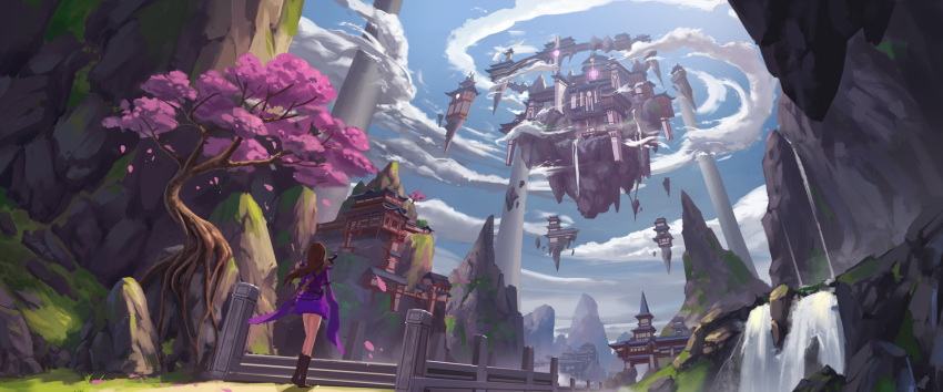 1girl blue_sky boots brown_hair castle cherry_blossoms clouds column commentary_request day dress fantasy floating_island from_behind highres long_hair mountain original outdoors pillar purple_dress rock scenery sky solo stairs standing sword temple tree walking water waterfall weapon wide_sleeves