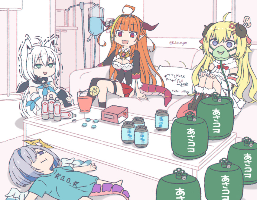 4girls :i ahoge amane_kanata angel angel_wings animal_ear_fluff animal_ears armband artist_name bangs barefoot black_footwear black_jacket black_legwear blonde_hair blue_eyes blue_hair blue_shirt blunt_bangs boots bottle bow box breasts brooch canister chibi cleavage_cutout collared_shirt commentary couch detached_sleeves diagonal-striped_bow diagonal_stripes dragon_girl dragon_horns dragon_tail dress drink drugged drugs empty_eyes english_commentary english_text eyebrows_visible_through_hair fake_tail fang flat_chest food fox_ears fox_girl fox_tail fruit full_body fur-trimmed_boots fur-trimmed_dress fur_trim hair_between_eyes hair_ornament hair_over_one_eye hairband hairclip halo hip_vent hololive horn_bow horns indoors intravenous_drip jacket jewelry kiryuu_coco knees_to_chest kukie-nyan leg_hug lemon lemon_slice long_hair lying medium_breasts miniskirt multicolored_hair multiple_girls on_back open_mouth orange_hair oxygen_mask oxygen_tank pleated_skirt pointy_ears red_eyes red_skirt sheep_ears sheep_girl sheep_horns shirakami_fubuki shirt short_hair silver_hair single_thighhigh sitting skirt smile streaked_hair striped syringe t-shirt tail thigh-highs thigh_strap trembling triangle_mouth tsunomaki_watame twitter_username two-tone_hair violet_eyes virtual_youtuber white_dress white_hair white_hoodie white_shirt wings wool