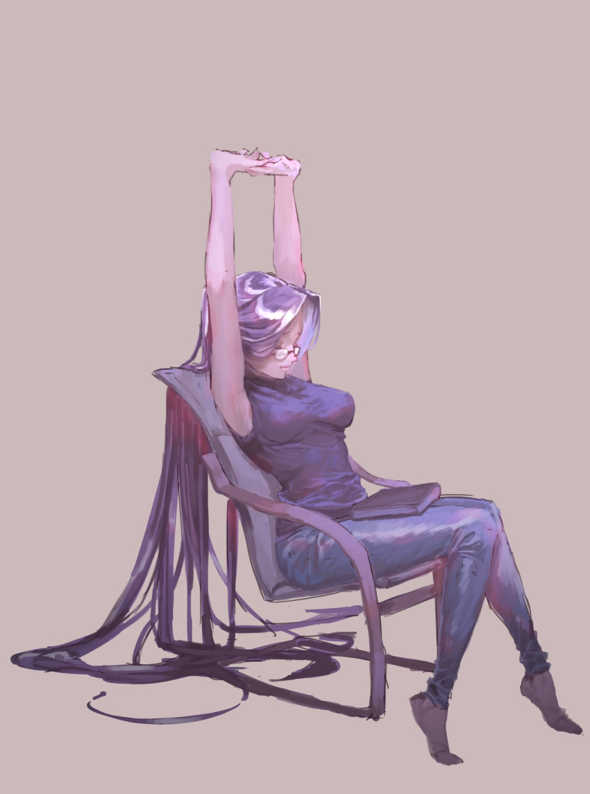 1girl armpits arms_up book casual chair closed_eyes denim fate/stay_night fate_(series) glasses highres jeans long_hair pants purple_hair rider rolua shirt sitting sleeveless sleeveless_shirt solo stretch very_long_hair