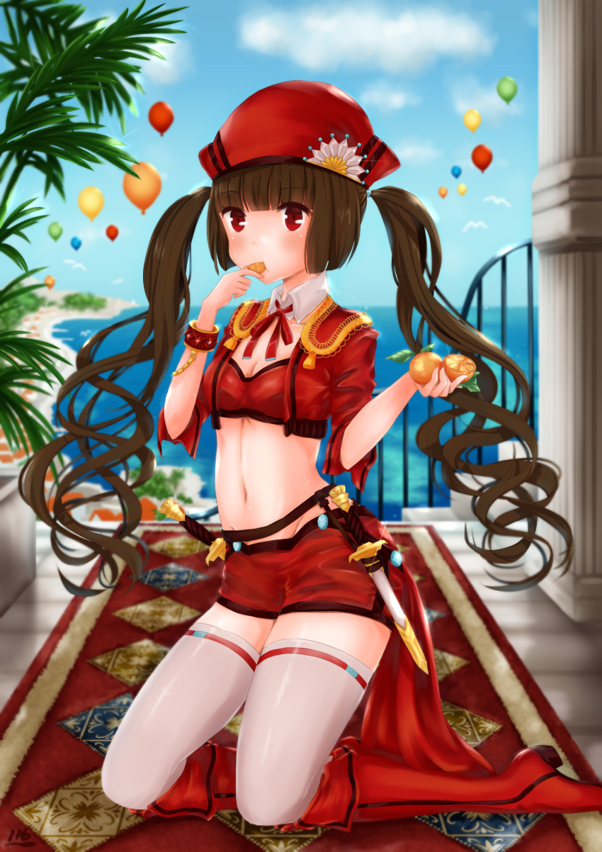 1girl balloon blush boots breasts brown_hair cleavage eating eyebrows_visible_through_hair food hat high_heel_boots high_heels highres holding holding_food hoshimaemi knee_boots kneeling knife long_hair looking_at_viewer medium_breasts navel original red_boots red_eyes red_hat sheath sheathed solo thigh-highs twintails white_legwear