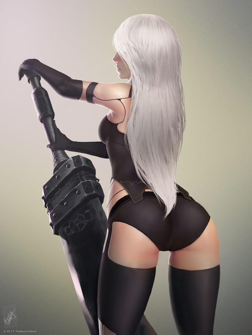 1girl absurdres android ass back black_gloves black_hair black_legwear elbow_gloves from_behind georgy_stacker gloves hair_over_eyes highres huge_weapon long_hair nier_(series) nier_automata silver_hair solo sword thigh-highs weapon yorha_type_a_no._2