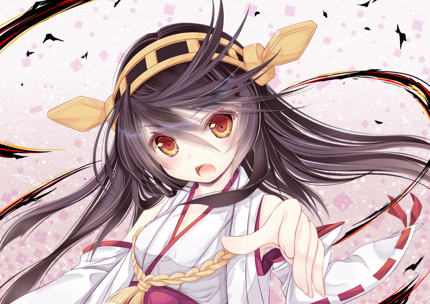 1girl :o black_hair blush commentary_request detached_sleeves haruna_(kantai_collection) headgear highres kantai_collection long_hair looking_at_viewer nontraditional_miko red_eyes ribbon-trimmed_sleeves ribbon_trim solo tenmu_shinryuusai upper_body white_background