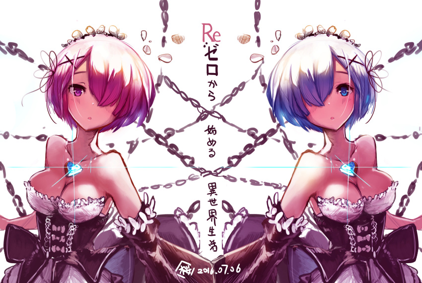 2016 2girls absurdres black_ribbon blue_hair breasts chains choker cleavage collarbone dated detached_sleeves hair_over_one_eye hair_ribbon head_wreath highres jewelry medium_breasts multiple_girls necklace open_mouth pink_hair ram_(re:zero) re:zero_kara_hajimeru_isekai_seikatsu rem_(re:zero) ribbon sakura_rock short_hair violet_eyes