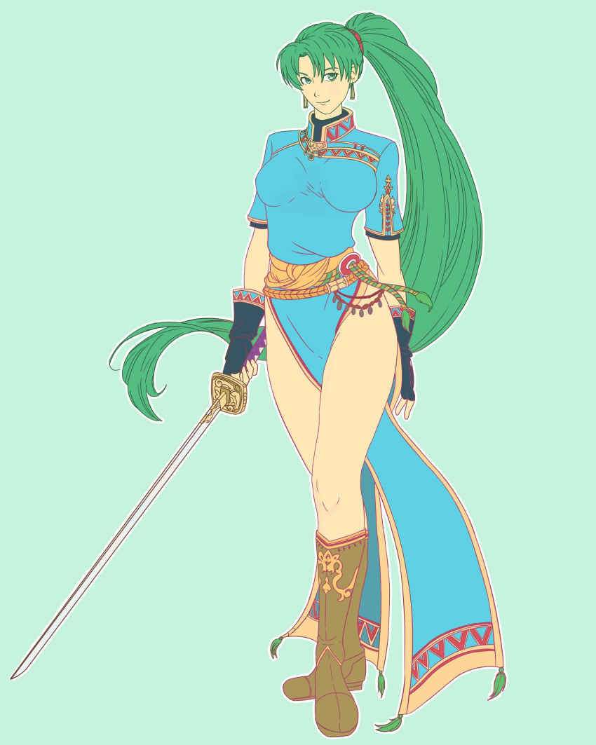 1girl absurdres bangs bare_legs boots breasts dress earrings fingerless_gloves fire_emblem fire_emblem:_rekka_no_ken full_body gloves green_eyes green_hair highres holding holding_sword holding_weapon jewelry knee_boots legs_crossed long_hair looking_at_viewer lyndis_(fire_emblem) medium_breasts pelvic_curtain ponytail short_sleeves simple_background smile solo standing sword weapon