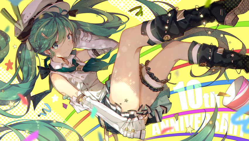 1girl anniversary boots detached_sleeves floating_hair garters green_eyes green_hair hat hatsune_miku highres lf long_hair looking_at_viewer skirt solo spring_onion star twintails very_long_hair vocaloid yellow_background