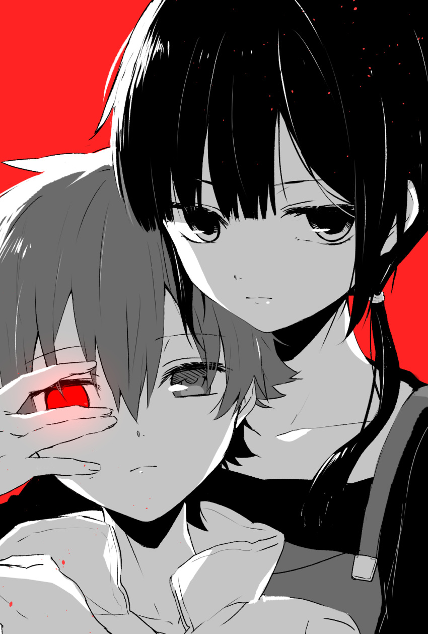 1boy 1girl amamiya_hibiya asahina_hiyori expressionless glowing glowing_eye hand_on_another's_face highres kagerou_project long_hair looking_at_viewer monochrome red_background red_eyes short_hair twintails