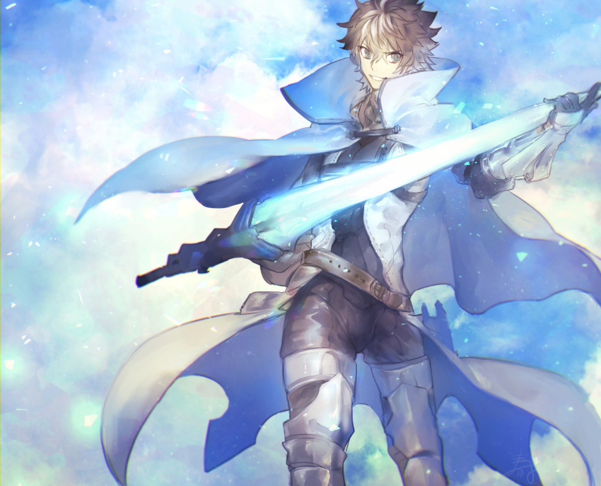 1boy armor armored_boots black_gloves blue_eyes boots cape contrapposto cowboy_shot fate/extella fate/extella_link fate/extra fate_(series) gauntlets gloves grey_eyes harukazu highres male_focus multicolored_hair parted_lips saber_(fate/extella_link) short_hair signature smile solo sword two-tone_hair weapon white_cape