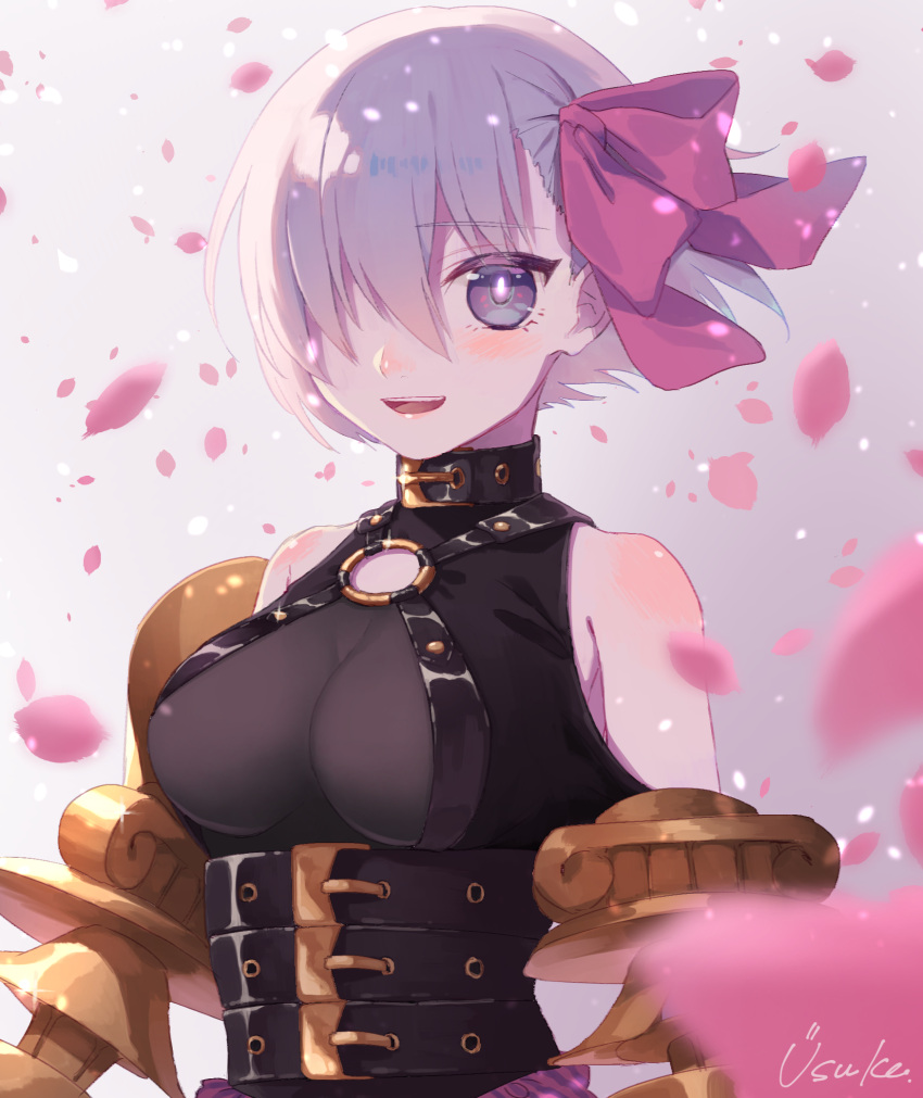 alternate_costume black_dress blush breasts cherry_blossoms dress fate/grand_order fate_(series) gradient gradient_background hair_over_one_eye highres lavender_hair looking_at_viewer shielder_(fate/grand_order) short_hair smile tagme violet_eyes