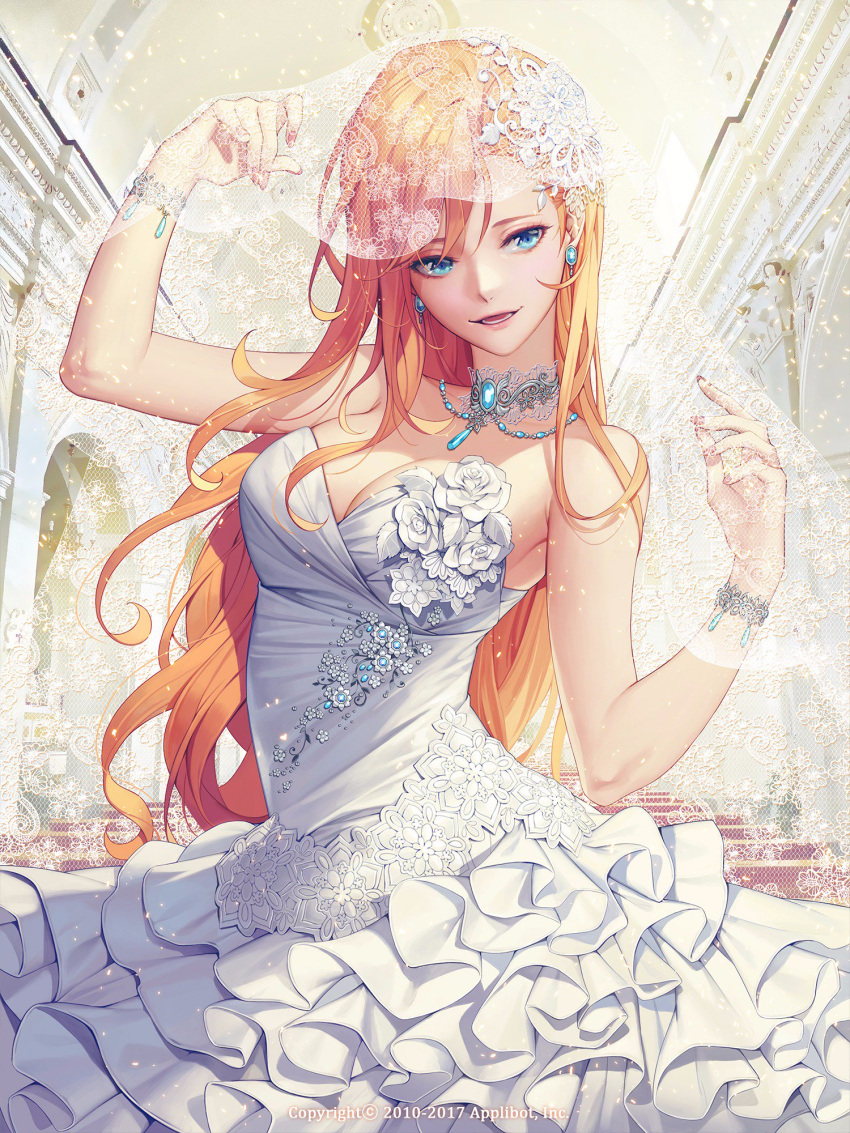 1girl arm_up bare_shoulders blue_eyes bracelet breasts choker cleavage dress earrings flower frilled_dress frills furyou_michi_~gang_road~ highres indoors jewelry large_breasts long_hair open_mouth orange_hair smile solo soo_kyung_oh veil watermark wedding_dress white_dress