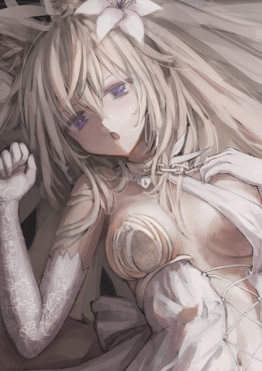 1girl animal_ear_fluff animal_ears bare_shoulders blonde_hair blue_pupils bow chain covered_nipples cropped cuffs elbow_gloves floral_print flower gloves hair_between_eyes hair_flower hair_ornament highres long_hair lying navel on_back open_mouth original osabachan shackles solo violet_eyes white_bow white_flower white_gloves wolf_ears