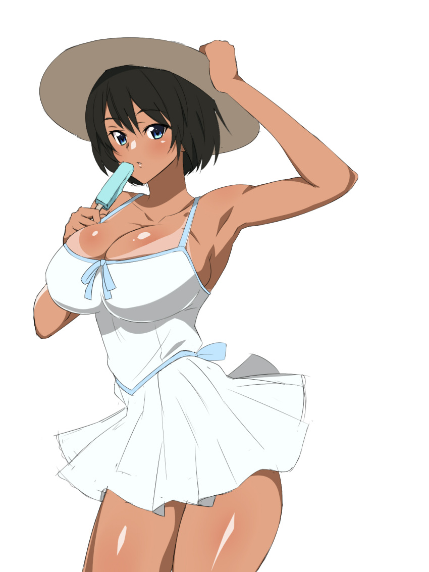 1girl armpits black_hair blue_eyes breasts cleavage dress food hat highres kagemusha looking_at_viewer original popsicle short_hair simple_background sleeveless sleeveless_dress solo tan white_background